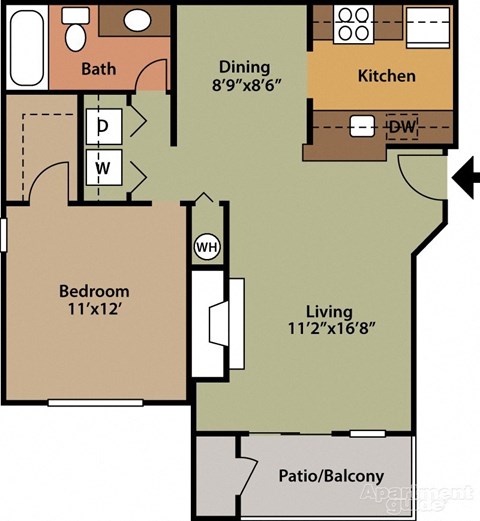 Floor plan for 1 bed, 1 bath, 700 sqft